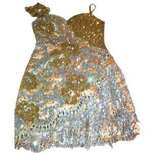 Couture Fully Beaded in Swarovski Crystals Fringes Flowers Prom Party Dress Gown